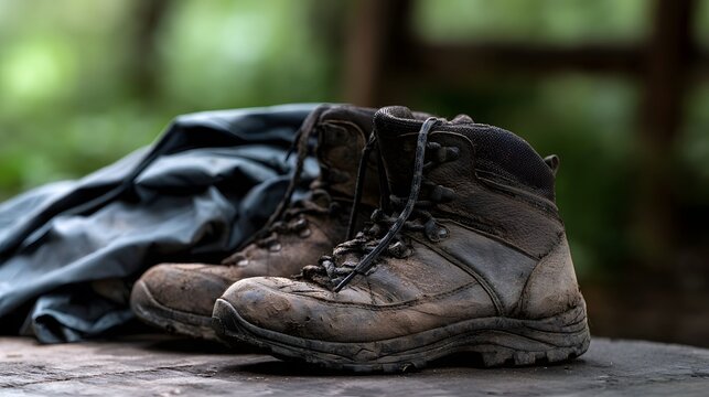 Mud splattered hiking boots sit on wooden surface next to folded waterproof gear against blurred forest background