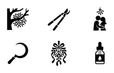 Fototapeta premium Winter Holiday Icons: Mistletoe, Kissing Couple, Pruning Shears, Sickle, Tree Branch, Dropper Bottle Set
