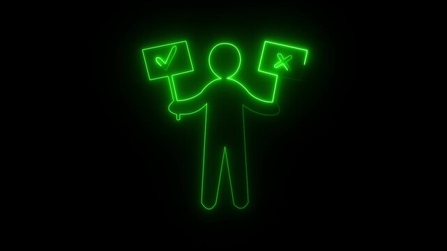 Glowing Neon Person Icon Decision Making Check Mark Cross Symbol Isolated Black Background. 4k 