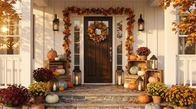 Autumn front porch decorated with pumpkins mums lanterns and fall wreath cozy seasonal home entrance