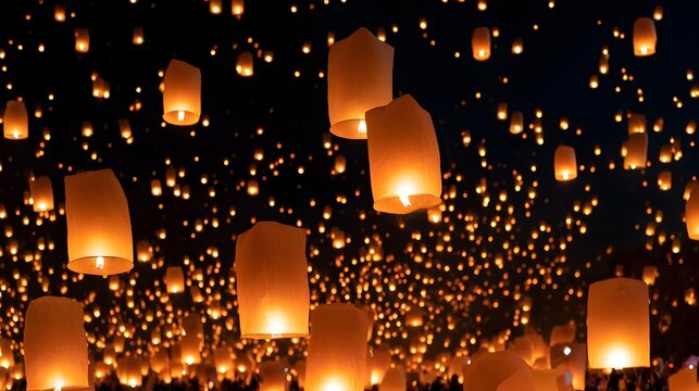 Numerous glowing paper lanterns float upward into the dark night sky  creating a warm and festive atmosphere