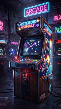 Retro arcade game cabinet with neon signs in gaming hall  