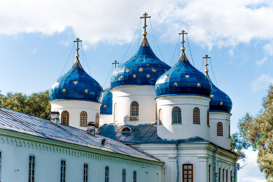 Saint Yuriev Orthodox religious Monastery architecture, Veliky Novgorod, Russia