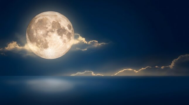 Full moon over ocean serene nightscape with dramatic clouds