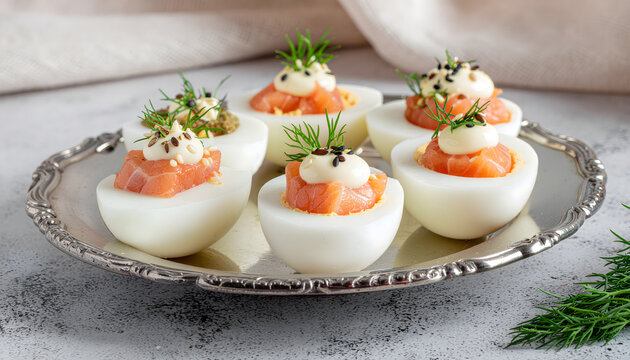 Deviled eggs filled with creamy yolk mousse, topped with smoked salmon, dill, sesame seeds and herbs, served on a vintage silver platter, elegant gourmet appetizer, close-up food photography.