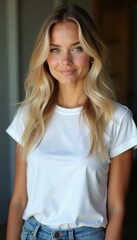Fototapeta premium Young woman wears plain white t-shirt and blue jeans. She smiles gently. Blond hair frames her face. Natural makeup accentuates her features. Casual style, light studio background.