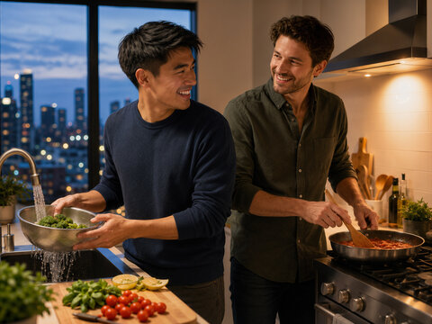 Deux amis cuisinant ensemble un soir de semaine