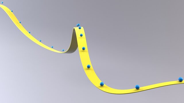 Abstract flowing yellow ribbon with blue balls on it - minimalistic abstract background