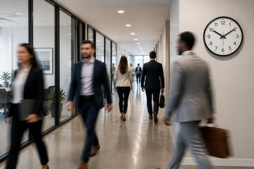Fototapeta premium Business people walking through modern office corridor during commute