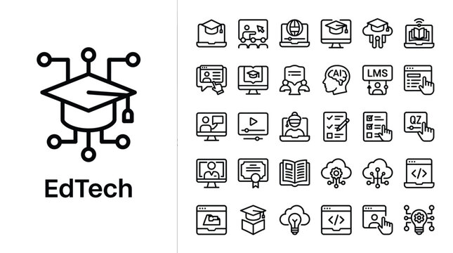 Edtech icon set, education technology and elearning line icons