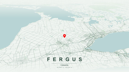 Minimalist vector map of Fergus, Ontario. High-quality scalable illustration of Fergus geographic boundaries within Centre Wellington, Grand River valley  gorge shoreline networks for posters design. © AliRza