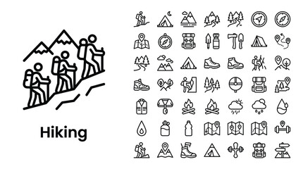 Fototapeta premium Hiking and camping vector icon set, outdoor adventure and travel symbols