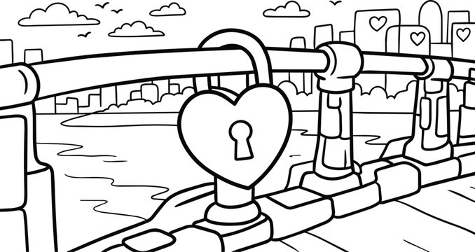 Line art bridge with heart shaped locks along railing over river in city
