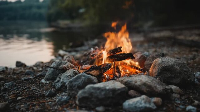 Campfire by the lake at sunset with flames and rocks surrounding the fire