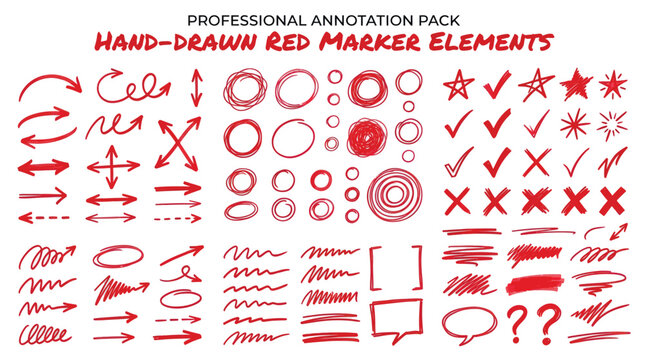 Red Hand Drawn Markup Elements and Speech Bubble Annotation Pack for Education
