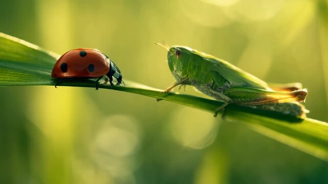 Ladybug and grasshopper interact on a green blade of grass in a natural setting during the warm afternoon