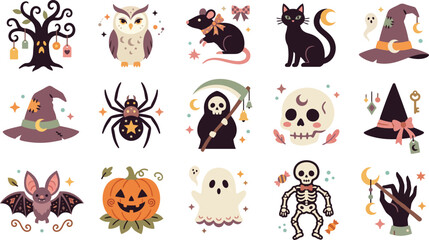 Fototapeta premium Set of cute halloween icons featuring spooky characters like ghosts pumpkins skeletons cats and witches hats for festive holiday design projects
