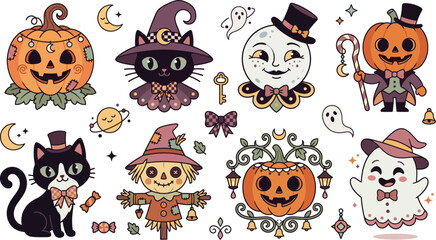 Fototapeta premium Set of cute vintage halloween stickers featuring pumpkins black cats ghosts and scarecrows in a whimsical hand drawn art style