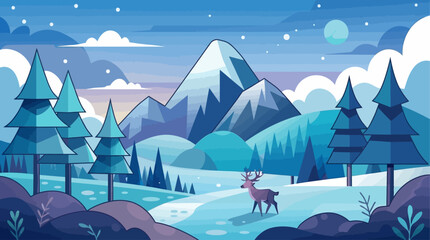 Deer stands amidst snowy mountain landscape with pine trees under starry night sky © Asim
