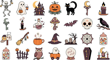 Obraz premium Set of various hand drawn halloween stickers featuring ghosts pumpkins skeletons cats bats skulls and other spooky holiday themed icons