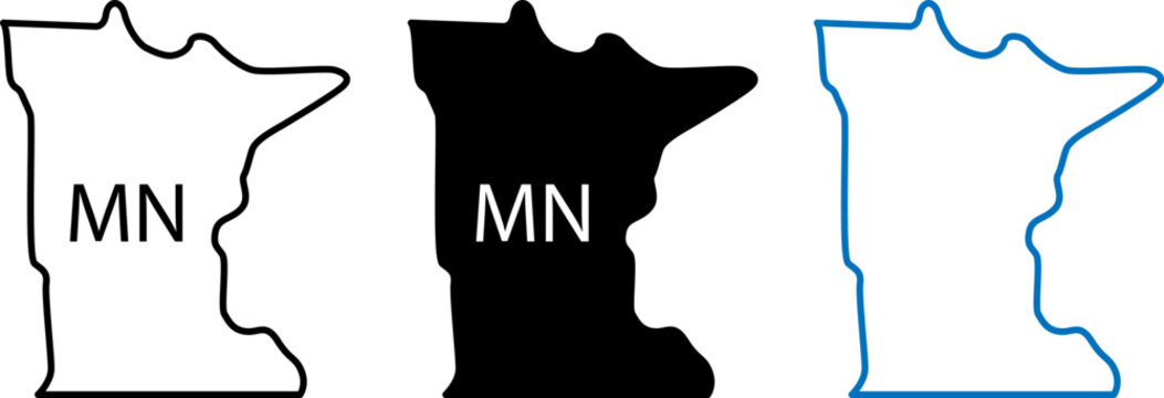 Minnesota state map icons. US state outline shapes with MN abbreviation.