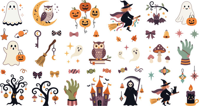 Set of cute watercolor halloween elements including ghosts pumpkins witches owls bats and spooky trees for festive holiday design projects