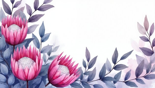 Pink protea flowers with blue eucalyptus leaves form a watercolor border design. Ideal for wedding invitations cards or event stationery graphics. Botanical art.