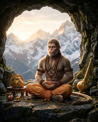 Fototapeta premium Lord Hanuman Meditating Peacefully in Himalayan Landscape as Divine Yogi of Strength and Devotion