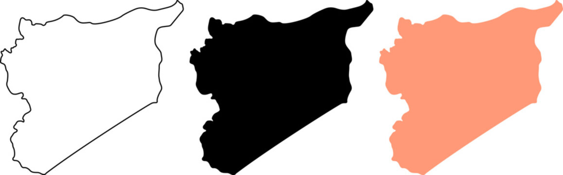 Syria map outline icons. Vector silhouettes of Syrian territory borders.