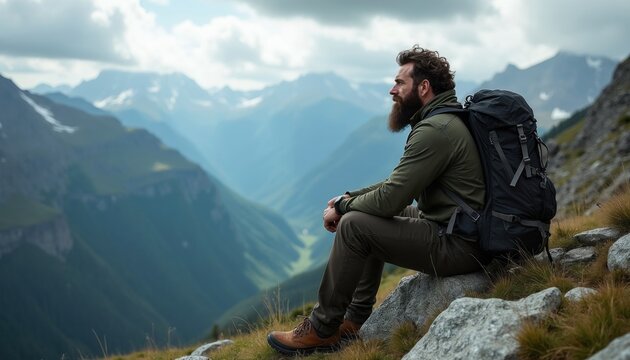 Bearded man sits on mountain peak wearing heavy backpack. Traveler looks at panoramic valley view from high rocky cliff. Hiker rests during trek in wilderness. Person enjoys fresh air solitude