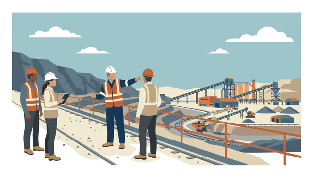 A mine manager and team discuss mining operations near a vector-designed mine site.