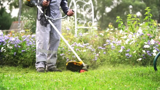 Man mows lawn with trimmer near flowerbeds. Grass blades swirl as machine cuts through green. He moves steadily, focused on neat yard work. White gate stands behind colorful blooms