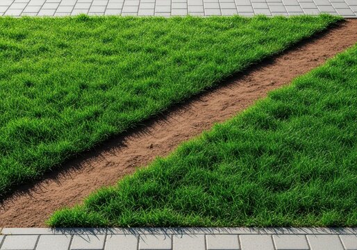 A narrow dirt path cuts diagonally across a lush green grassy field, creating a direct connection between two gray paved stone sidewalks, shortcut, meadow, soil