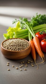 A rustic wooden bowl filled with dry green lentils sits on a textured table next to fresh carrots, celery stalks, and vibrant red tomatoes, organic, tomatoes, freshness
