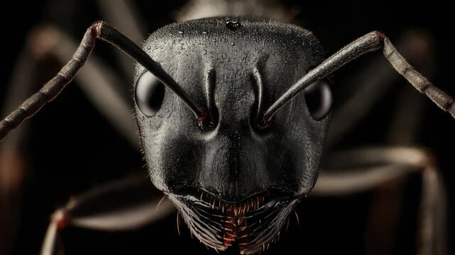 Close up of an ant shows its detailed features and structure in a dark setting at a macro level