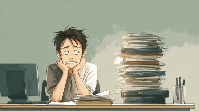 Student struggles with homework and stacks of papers at study desk in dim lighting