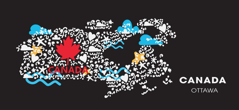 Canada map illustration with colorful, hand-drawn shapes, suitable for travel posters, invitation cards, and banners.
