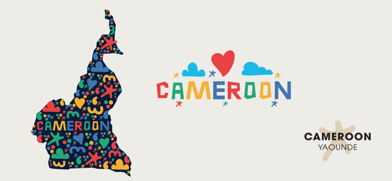 Cameroon map illustration with colorful, hand-drawn shapes, suitable for travel posters, invitation cards, and banners.