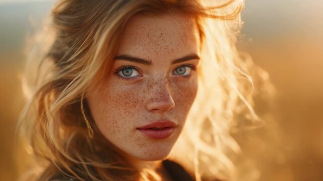 A young woman with freckles stands in a golden field during sunset looking at the camera