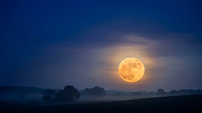 Golden full moon rising over rolling hills and misty landscape