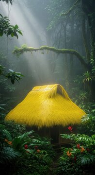 A vibrant yellow thatched roof hut sits deeply nestled within a misty, lush tropical jungle environment, evoking seclusion and peace, yellow, tourism, isolated