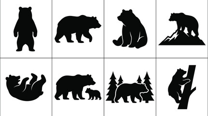 Black Bear Silhouette Collection with Standing Walking Climbing Forest and Cub Wildlife Icons © Tahura