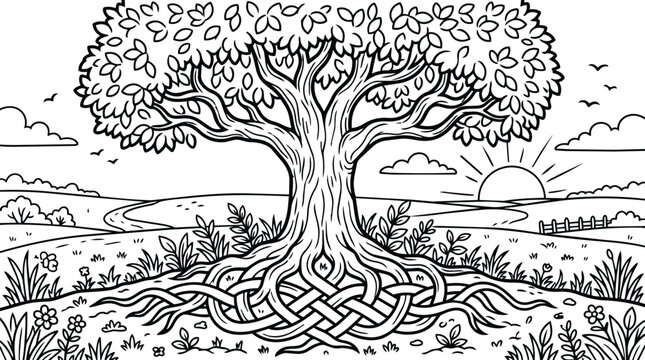 Knot rooted tree with tangled roots in a sunny countryside landscape at sunset