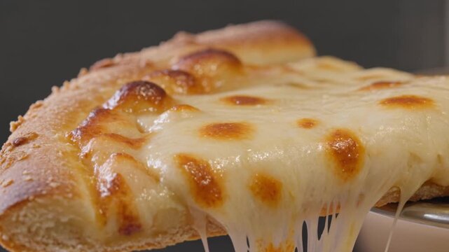 A Close Up Shot Of A Delicious Thick Crust Pizza Slice Being Lifted From A Hot Pan Showing Extensive Stretchy Melted Mozzarella Cheese Strands Pulling Away From The Golden Brown Crust During The Servi