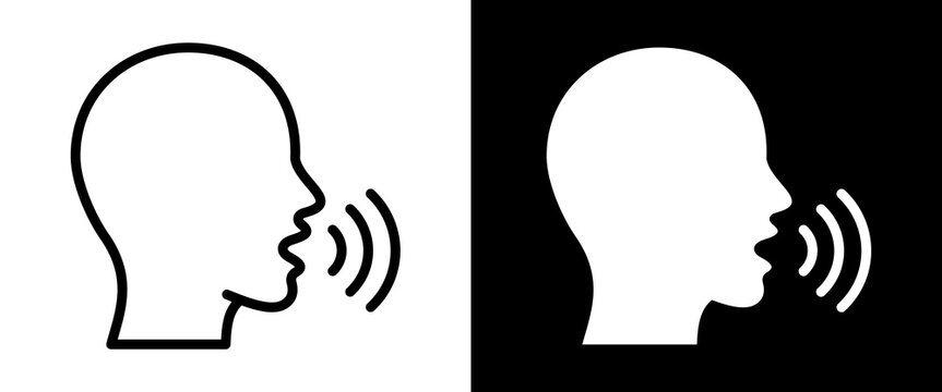 Human speaking icon with speech wave styles. Voice communication, conversation, audio and speech symbols for UI, healthcare and digital interfaces.