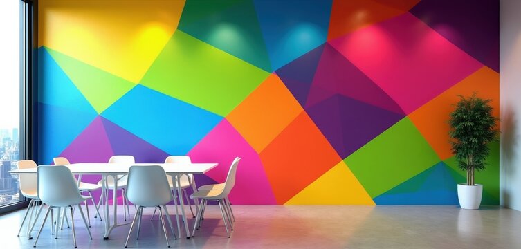 Modern office meeting room features vibrant geometric wall pattern. Colorful triangles create bold artistic backdrop. Minimalist furniture set with white chairs, table stands against creative mural.