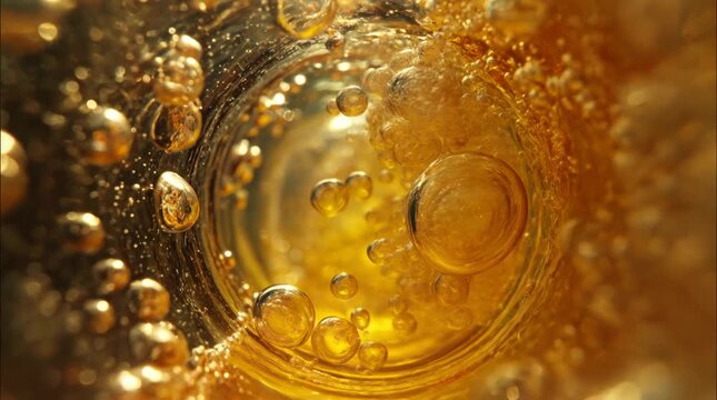 Bubbles forming in a glass of fizzy drink during bright sunlight in an outdoor setting