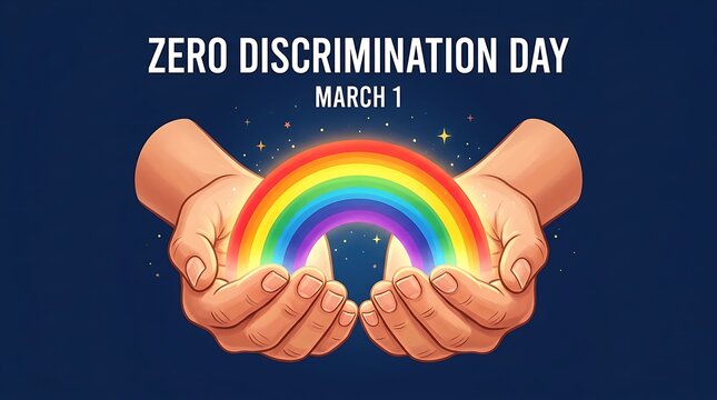 Zero discrimination day concept with open human hands holding a rainbow