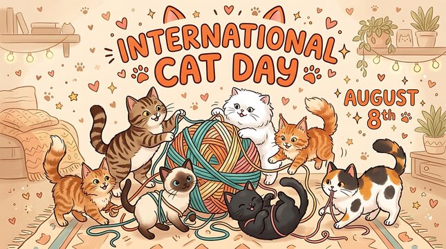 Illustrated international cat day poster with multiple kittens, illustration