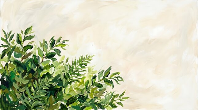 Green leaves branch border on light beige watercolor background with background